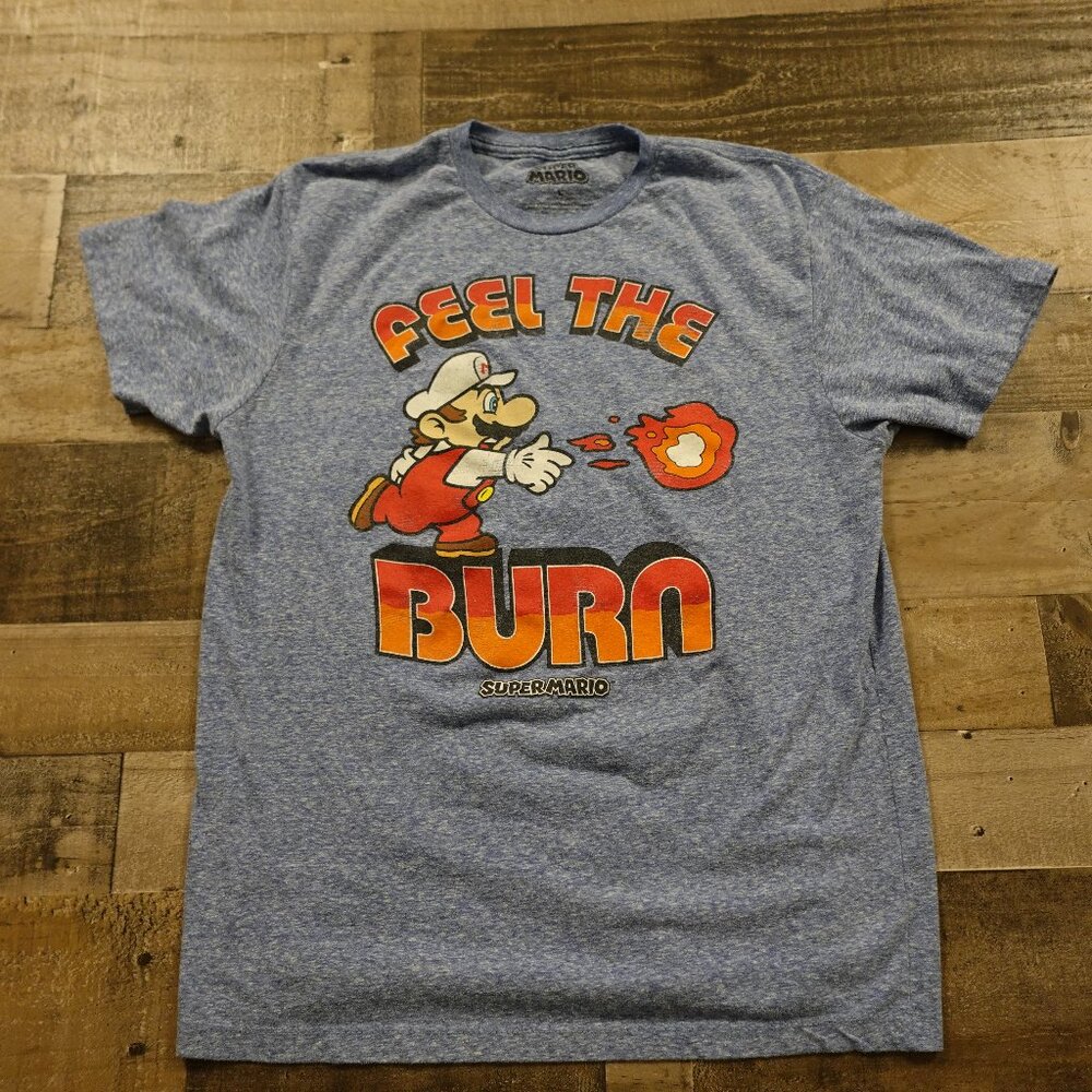Super Mario Feel the Burn shirt men's large heather blue Nintendo retro classic